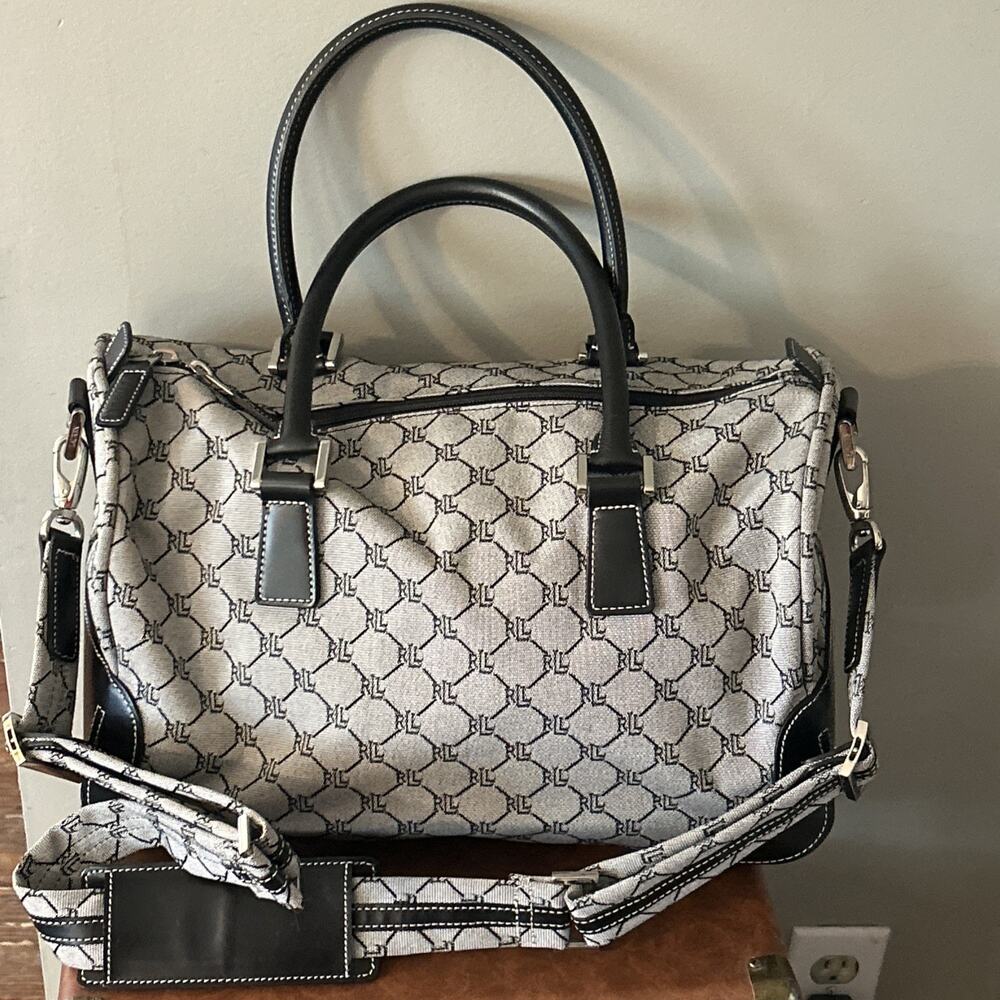 Vtg Lauren Ralph Lauren Monogram Duffle Travel Overnight Bag Gray Black